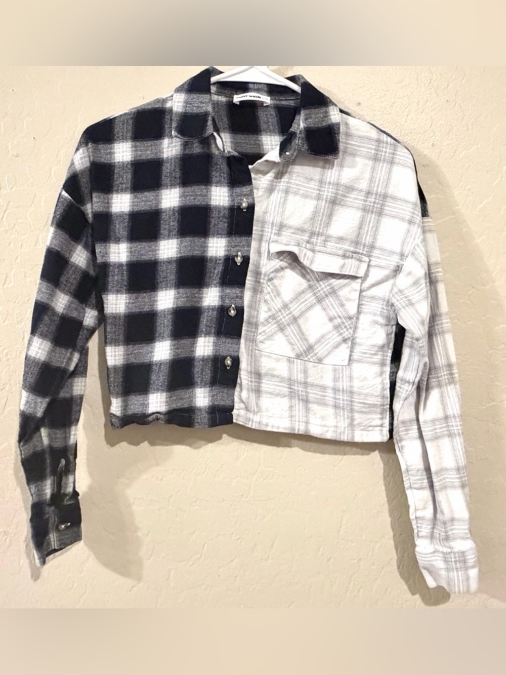 Tally Weijl Cropped Plaid Button Up Shirt Black White Mixed Flannel Size- XS